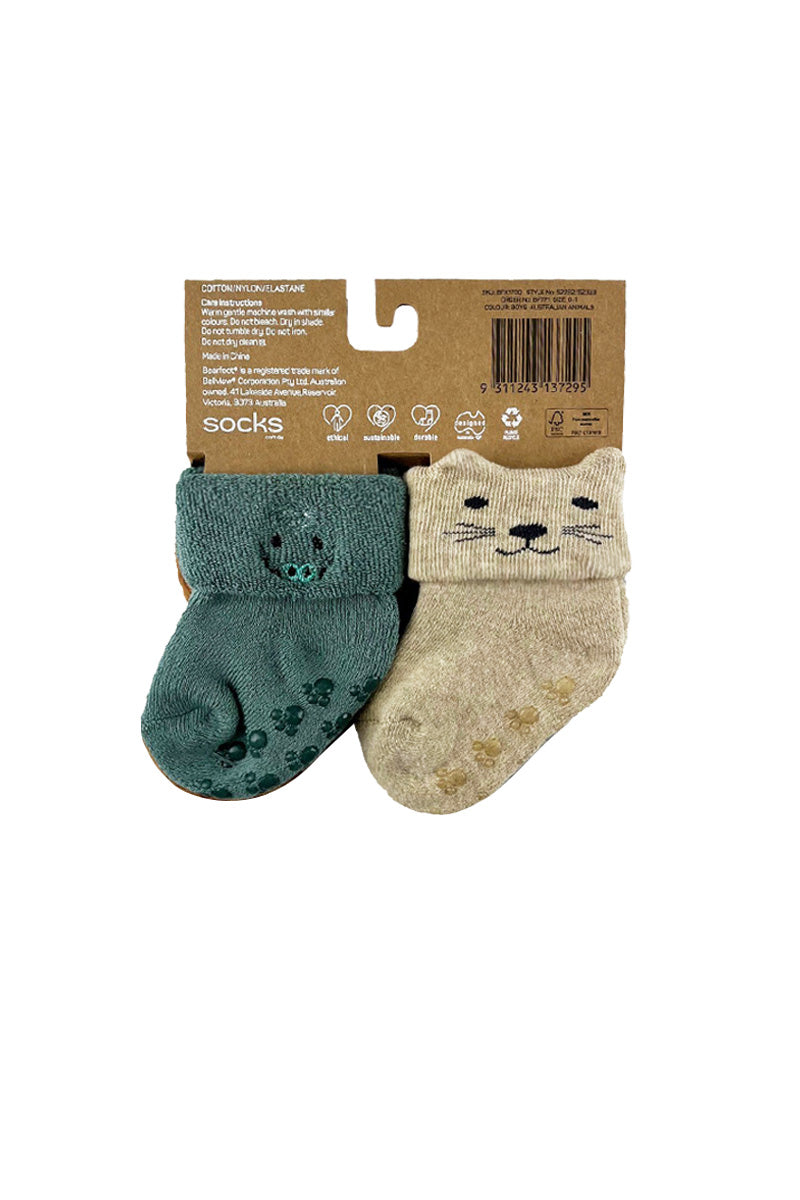 Baby Socks in Australian Cotton- Turn top cuff, Terry cushion foot and Non-slip sole- 4 Pack - Koala, Wombat, Dingo & Crocodile