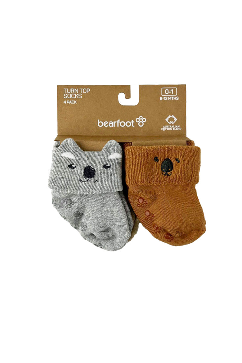Baby Socks in Australian Cotton- Turn top cuff, Terry cushion foot and Non-slip sole- 4 Pack - Koala, Wombat, Dingo & Crocodile