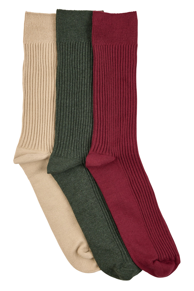 Classic Crew Rib Socks- 3 Pack - Biscuit, Olive & Wine