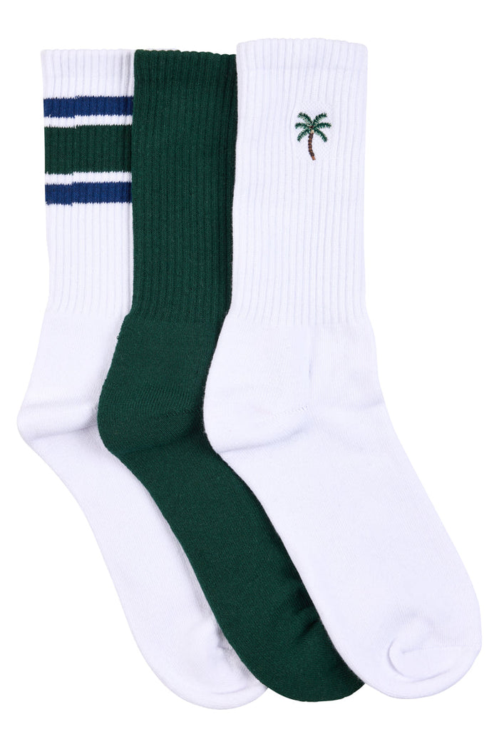 Men's Cotton Rich Crew Sport Style Socks with Cushion Foot- 3 Pack - Palm Tree Embroidery