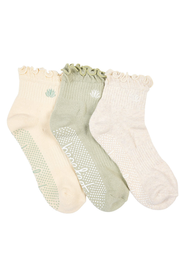 Cotton Frill Grip Socks - 3 Pack- Cushion Sole - Botanic Neutral