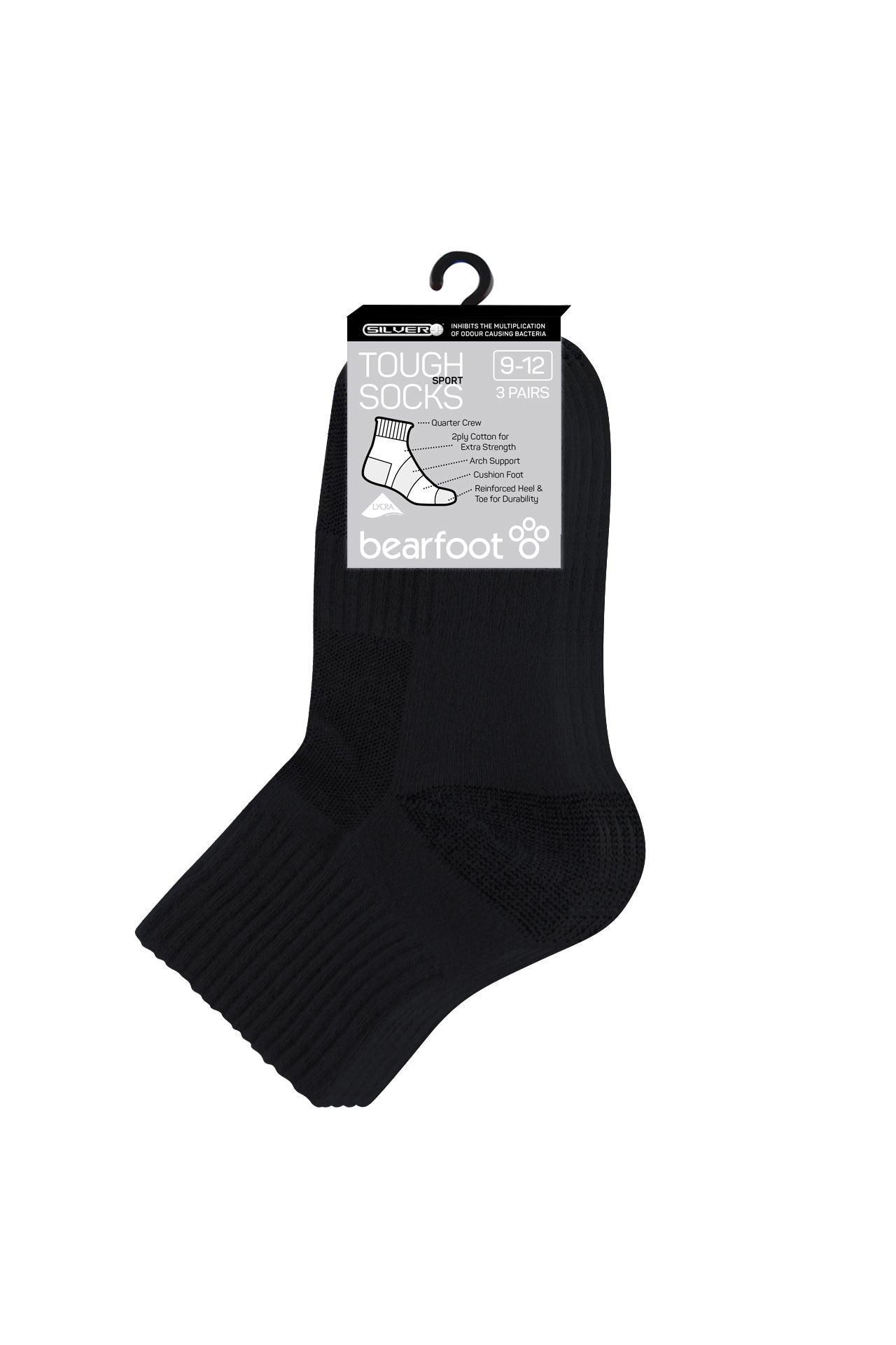 Tough Quarter Crew Cushion Foot Socks - 3 Pack- Black
