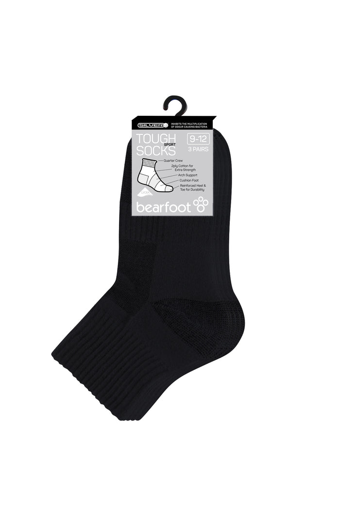 Tough Quarter Crew Cushion Foot Socks - 3 Pack- Black