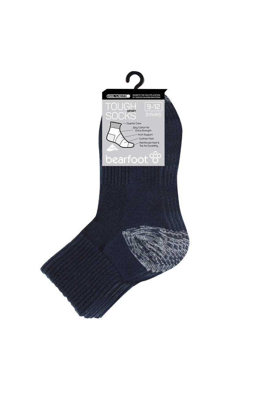 Tough Quarter Crew Cushion Foot Socks - 3 Pack - Navy