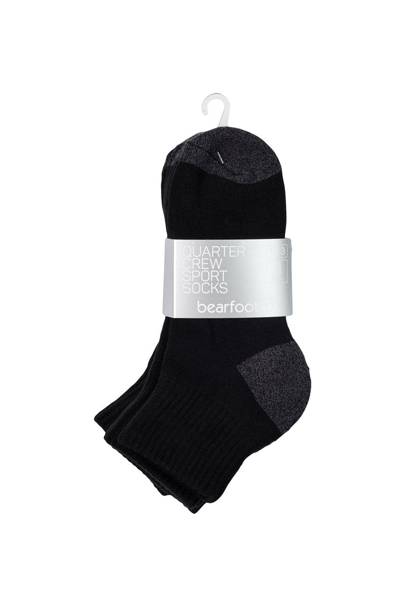 Kids Quarter Crew Sport Socks- 3 Pack- Black