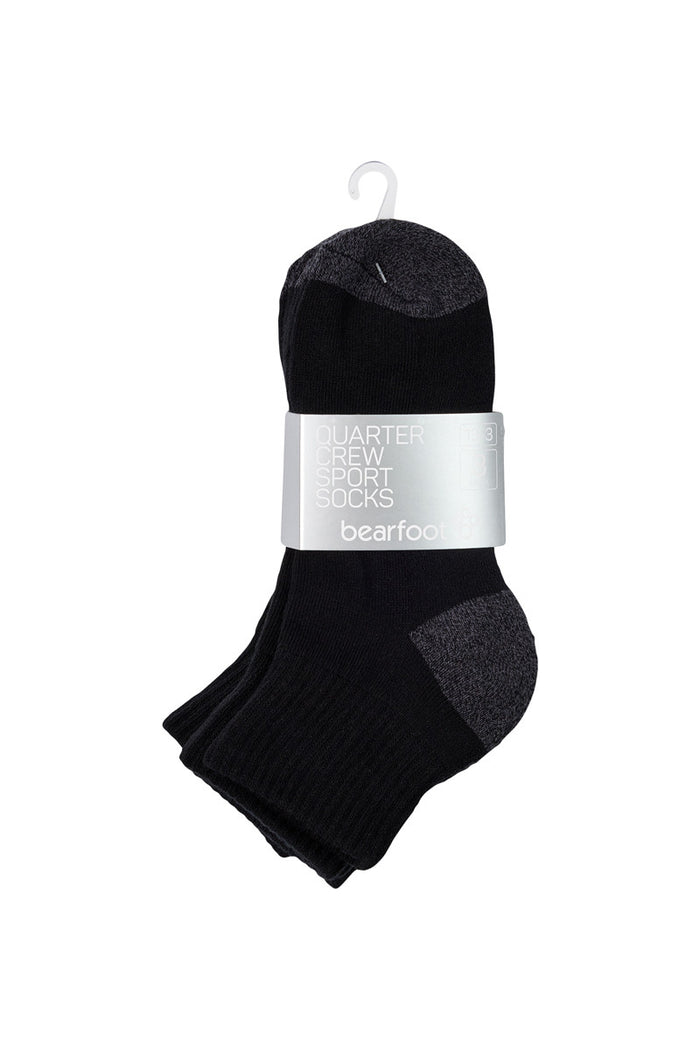 Kids Quarter Crew Sport Socks- 3 Pack- Black