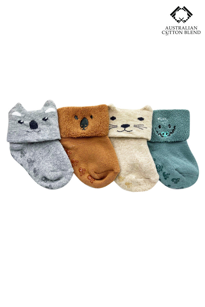 Baby Socks in Australian Cotton- Turn top cuff, Terry cushion foot and Non-slip sole- 4 Pack - Koala, Wombat, Dingo & Crocodile