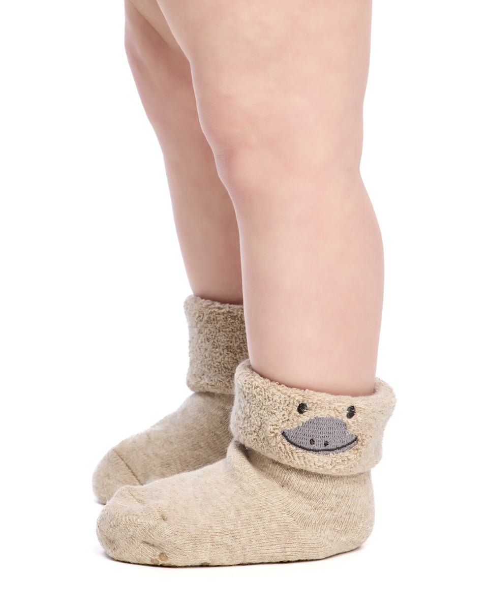 Baby Socks in Australian Cotton- Turn top cuff, Terry cushion foot and Non-slip sole- 4 Pack - Cockatoo, Platypus, Bilby & Frog