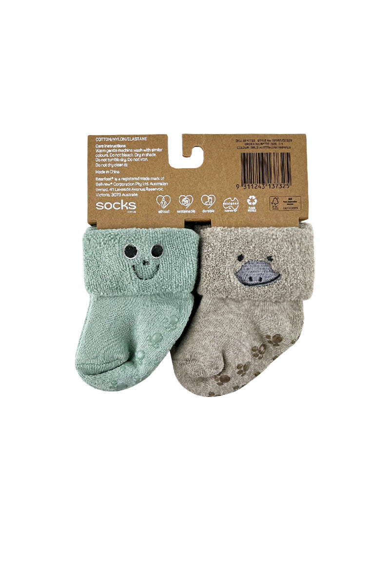 Baby Socks in Australian Cotton- Turn top cuff, Terry cushion foot and Non-slip sole- 4 Pack - Cockatoo, Platypus, Bilby & Frog
