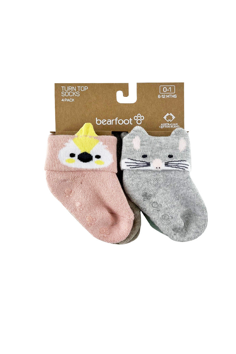 Baby Socks in Australian Cotton- Turn top cuff, Terry cushion foot and Non-slip sole- 4 Pack - Cockatoo, Platypus, Bilby & Frog