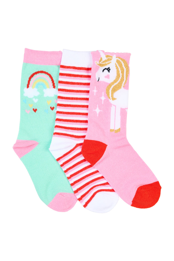 Kid's Cotton Rich Crew socks - 3 Pack - Golden Unicorn