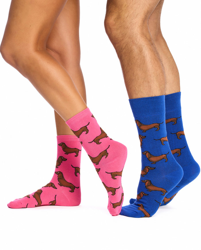 Men's & Women's Matching Pairs of Cotton Rich Crew Socks - Sausage Dog (Dachshund) Gift Box