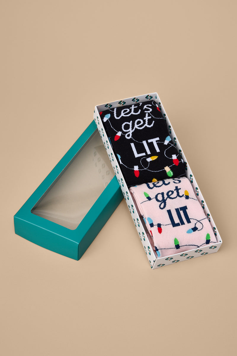 Men's & Women's Matching Pairs of Cotton Rich Crew Christmas Socks - Let's Get Lit Gift Box