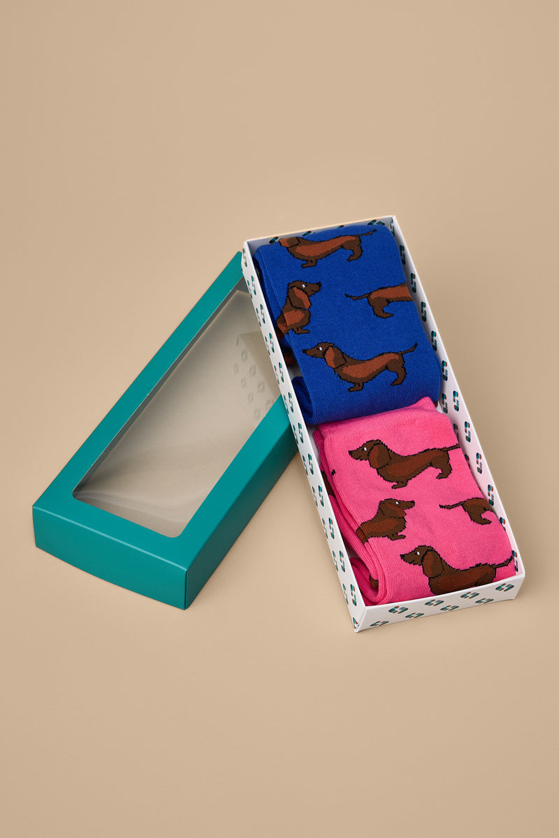 Men's & Women's Matching Pairs of Cotton Rich Crew Socks - Sausage Dog (Dachshund) Gift Box