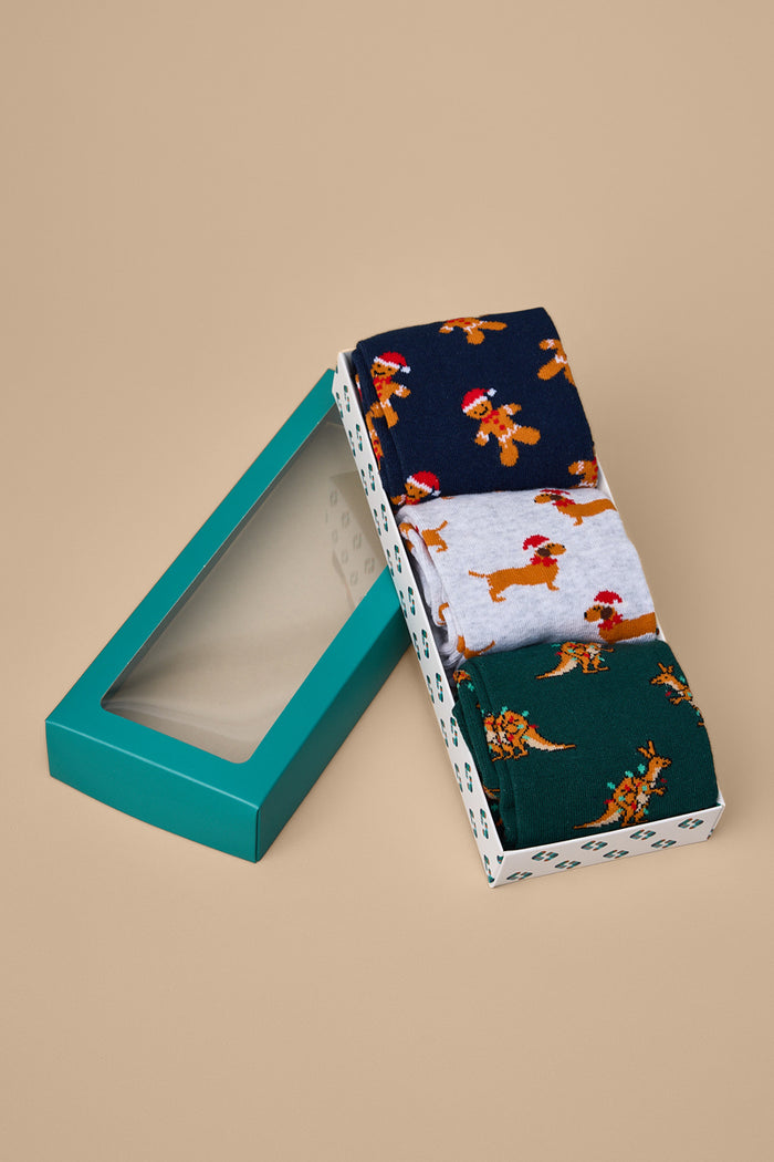 Men's Cotton Crew Novelty Socks 3 Pack - Gift Box - Christmas