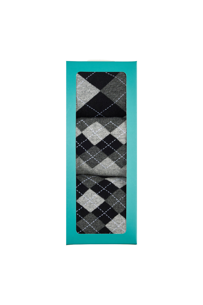 Men's Cotton Crew Novelty Socks 3 Pack - Gift Box - Classic Argyle Black