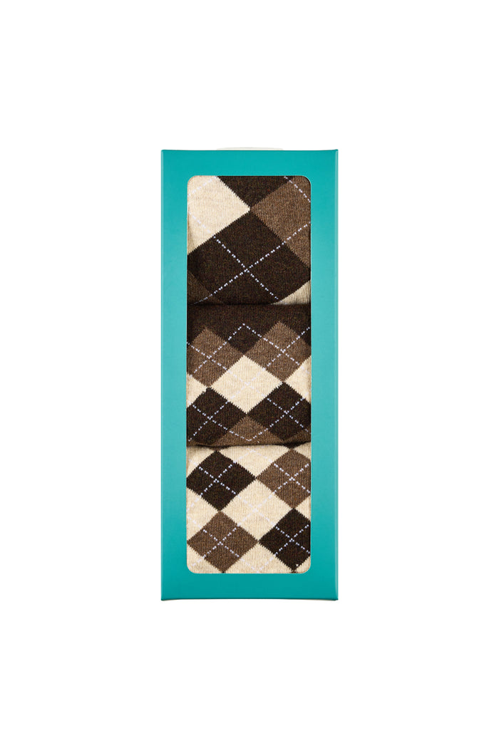 Men's Cotton Crew Novelty Socks 3 Pack - Gift Box - Classic Argyle Brown