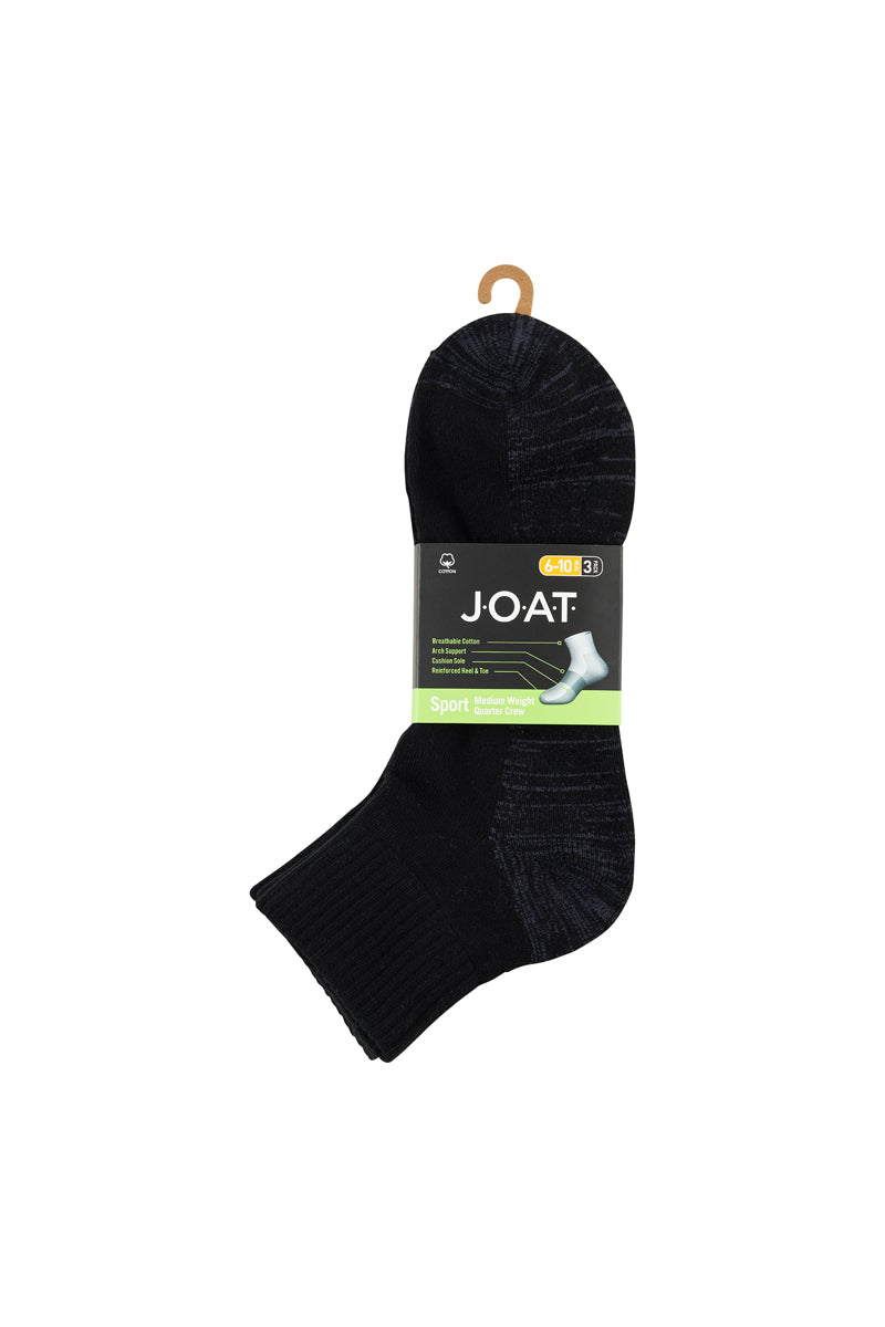 Reinforced Sport 1/4 Crew- 3 Pack- Black