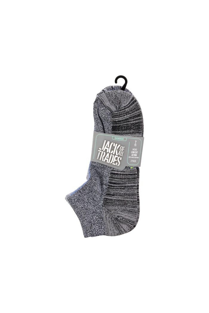 Men's Bamboo Low Cut Action Socks with Arch Support- 3 Pack- Twisted Yarn
