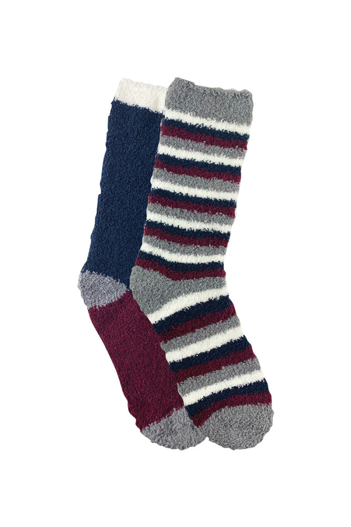 Men's Fluffy Home Socks with Non-slip 2 Pack - Block & Stripes
