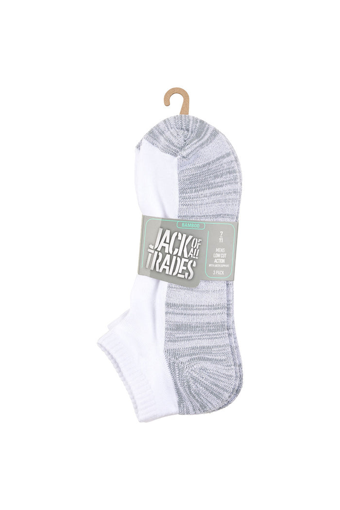 Kid's Bamboo Low Cut Action Socks with Arch Support- 3 Pack- White