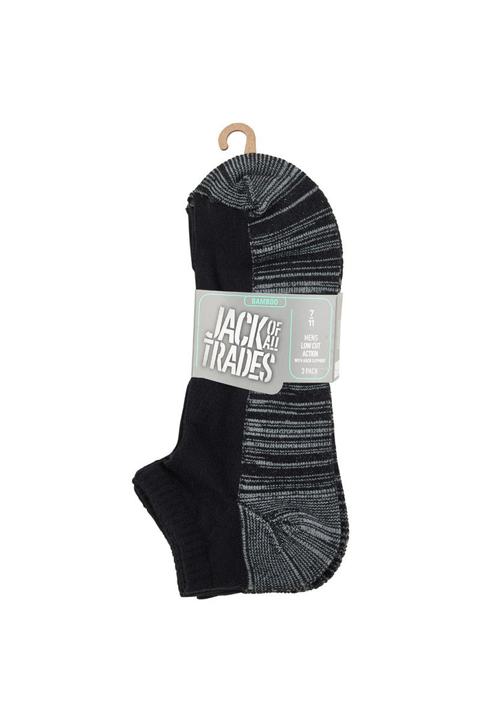 Kid's Bamboo Low Cut Action Socks with Arch Support- 3 Pack- Black