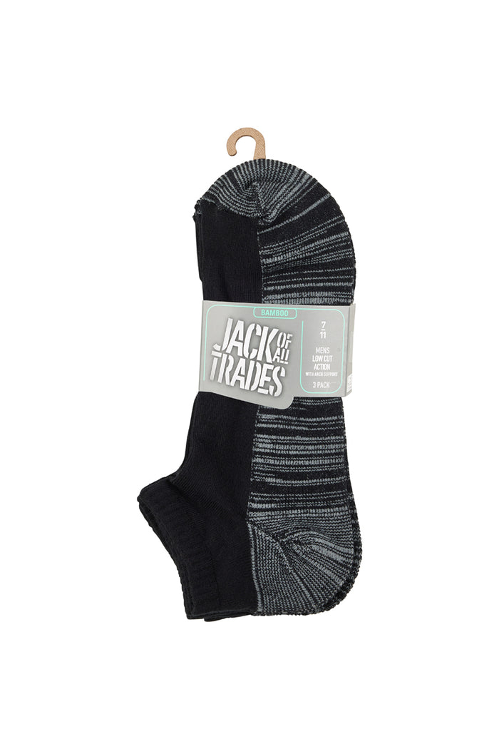 Men's Bamboo Low Cut Action Socks with Arch Support 3 Pack- Black