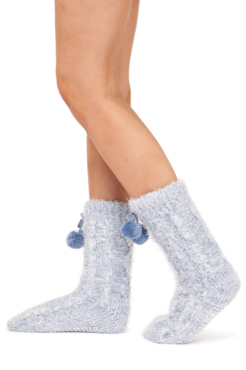 Cable Knit Sherpa Hotty Socks- Feather Blue