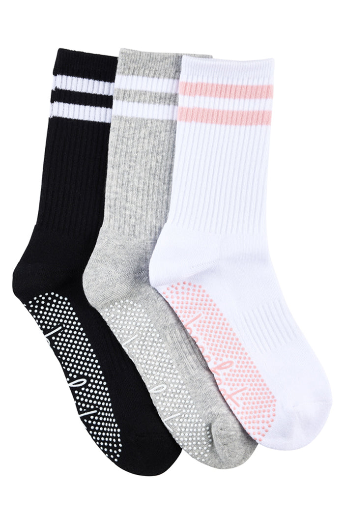 Cotton Retro Grip Socks -3 Pack- Cushion Sole - Mono + Pink