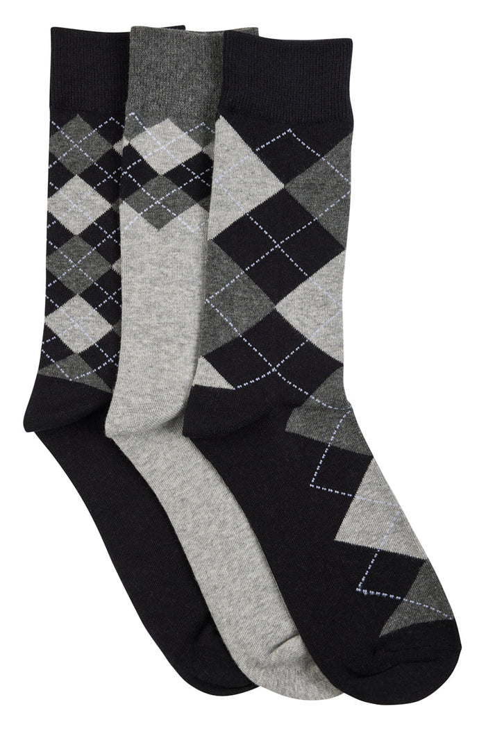 Argyle Crew Socks- 3 Pack - Black Charcoal