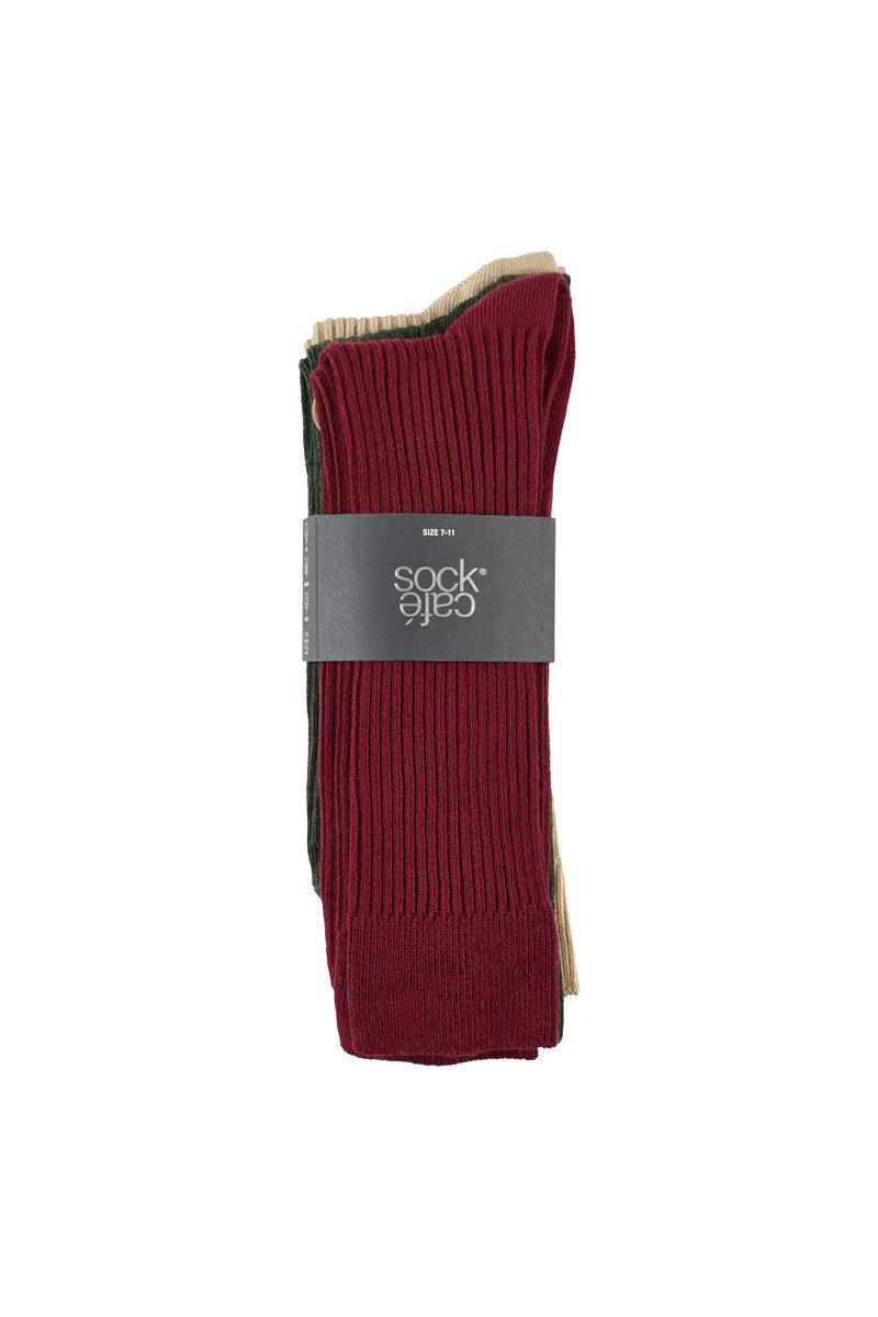 Classic Crew Rib Socks- 3 Pack - Biscuit, Olive & Wine