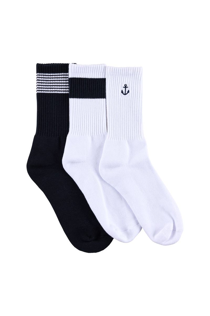 Men's Cotton Rich Crew Sport Style Socks with Cushion Foot - 3 Pack- Sail Anchor Embroidery