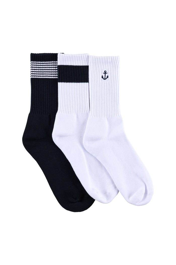 Men's Cotton Rich Crew Sport Style Socks with Cushion Foot - 3 Pack- Sail Anchor Embroidery