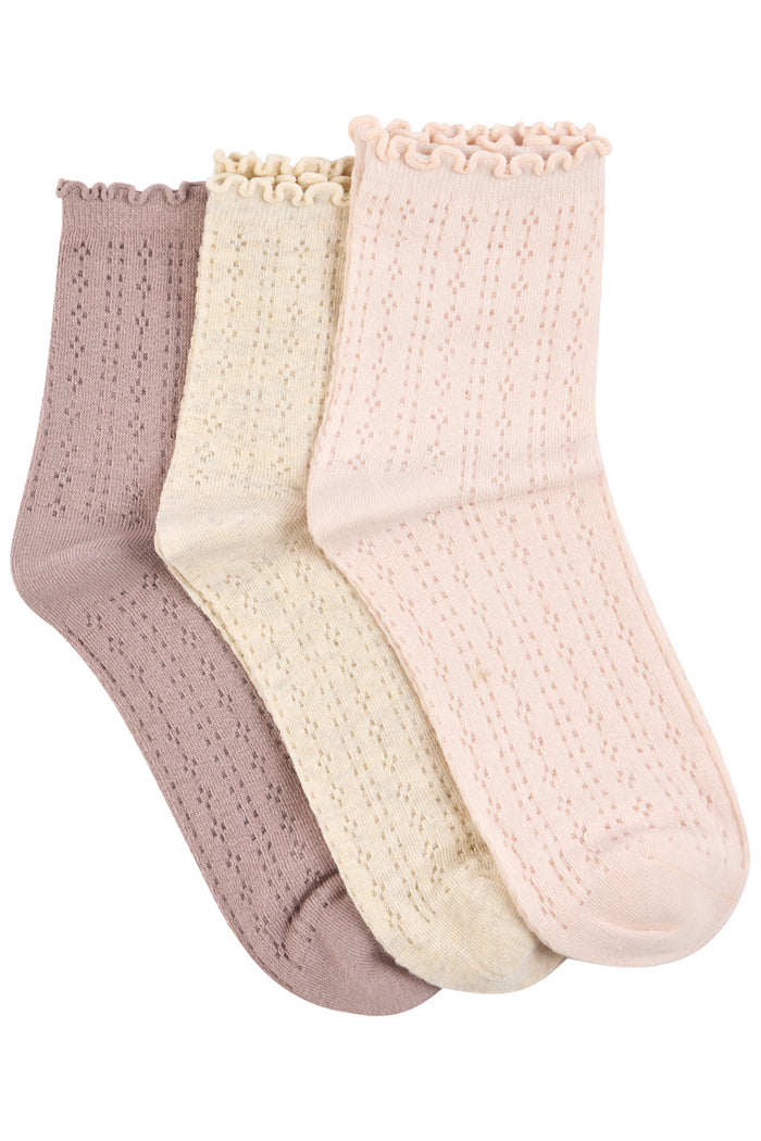 Pointelle Frill Top Socks- 3 Pack- Petals