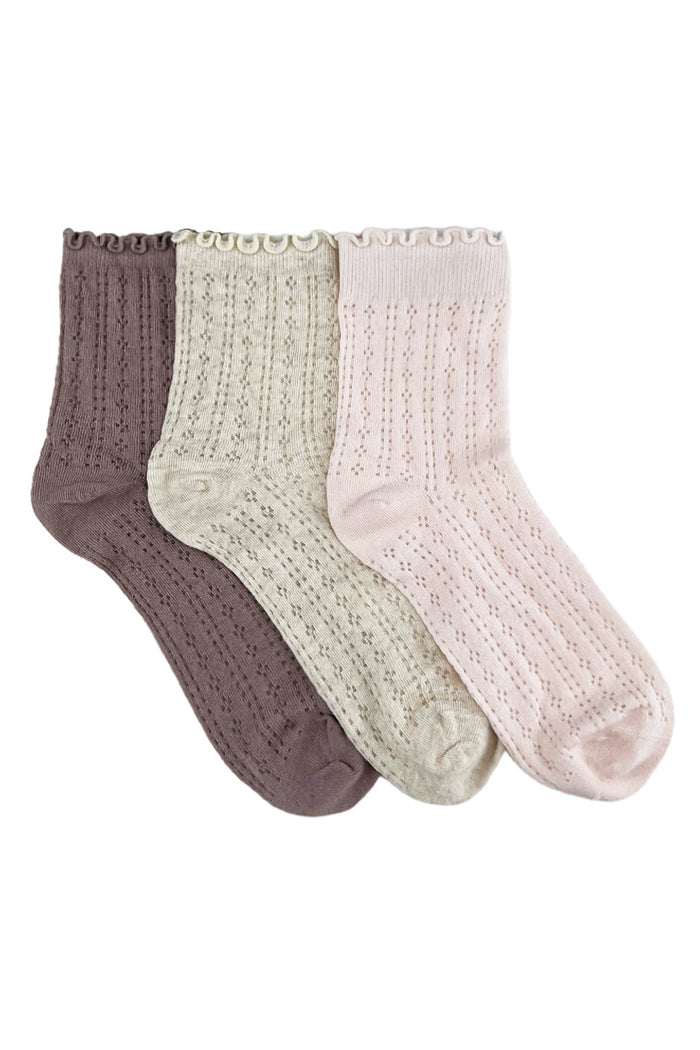 Pointelle Frill Top Socks- 3 Pack- Petals
