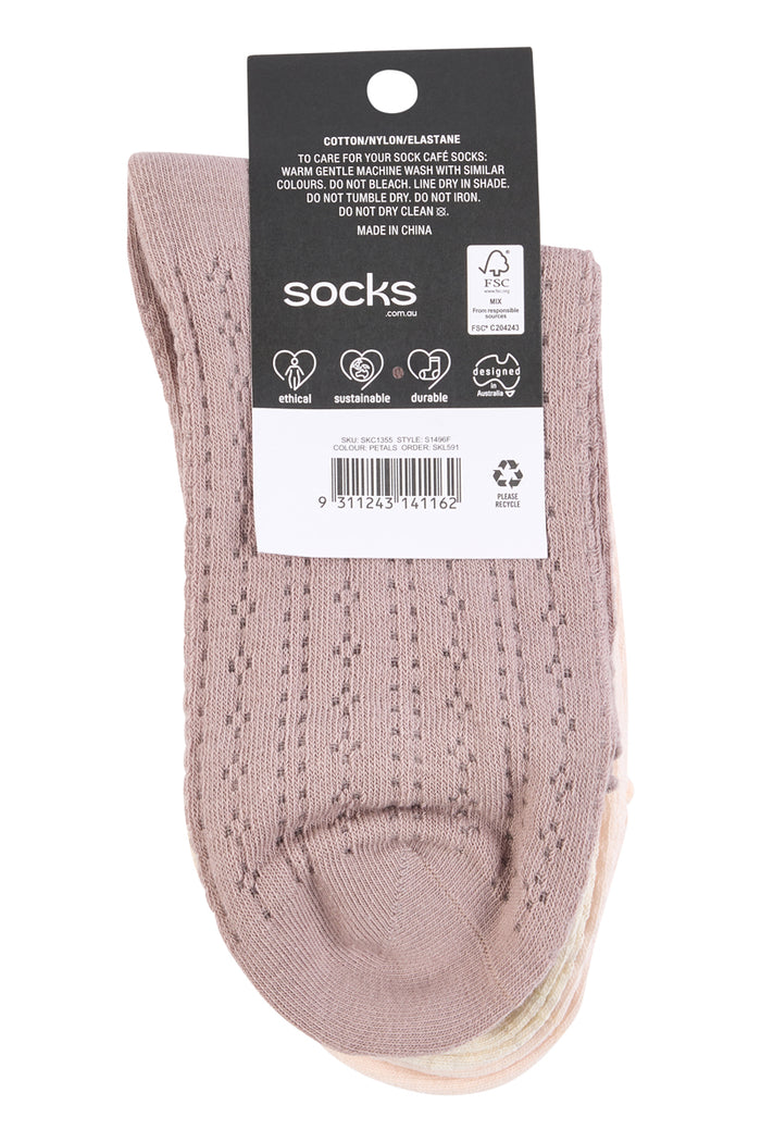 Pointelle Frill Top Socks- 3 Pack- Petals