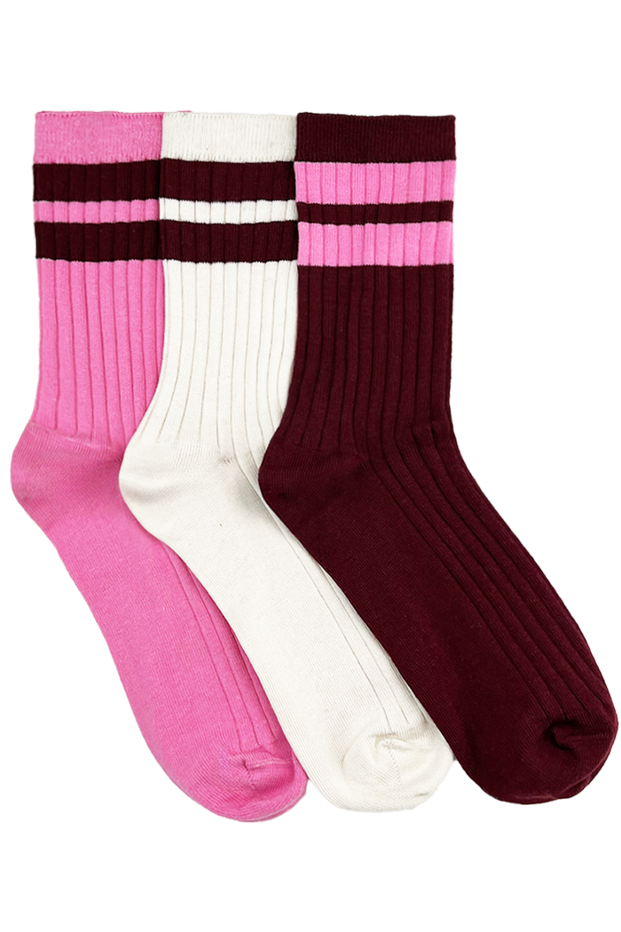 Women's High % Cotton Stripe Socks - Pack 3 - Crimson Candy