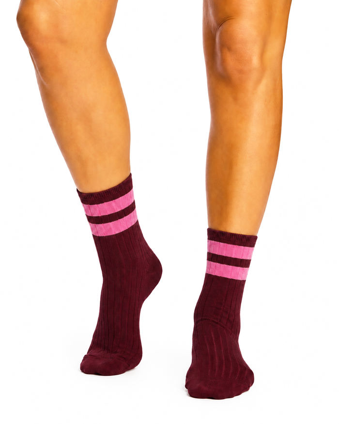 Women's High % Cotton Stripe Socks - Pack 3 - Crimson Candy