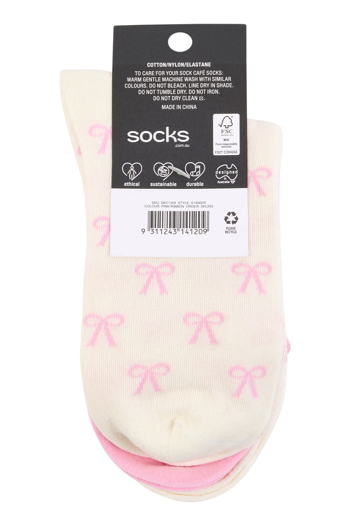 Quarter Socks- Pack 3- Pink Ribbon