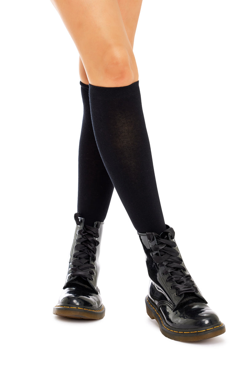 Fine Cotton Plain Knit Knee High Socks - 2 Pack